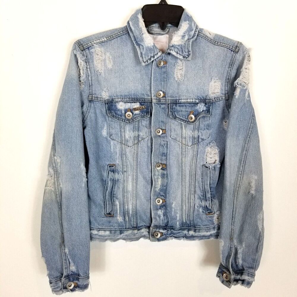 Zara Distressed Denim  Jean Jacket Sz‎ S Blue City Retro Button Up Work Party